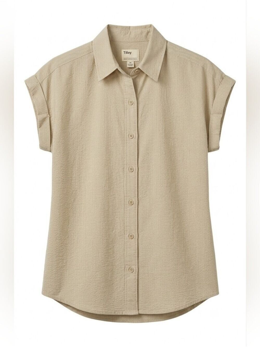 Tilley Women's Button Down Camp Shirt, Beige, Collared, Rolled Up Sleeves, Small